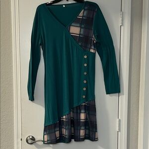 Elegant Teal Asymmetrical Dress with Plaid Detail